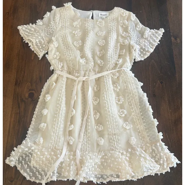&merci Pom Pom Mini Dress Small Cream Boho Textured Ruffle Cottagecore Romantic‎ - Image 2