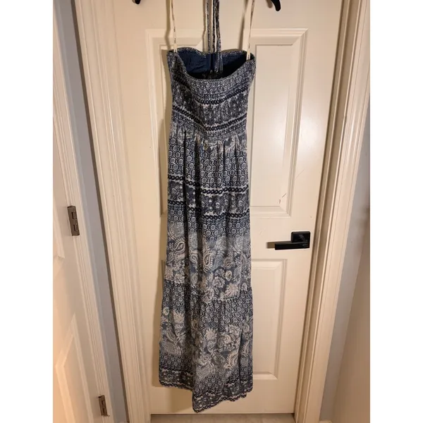 Shore Brand Blue Paisley Cotton Halter Maxi Dress Smocked Cutout Shell Tassels M - Image 6