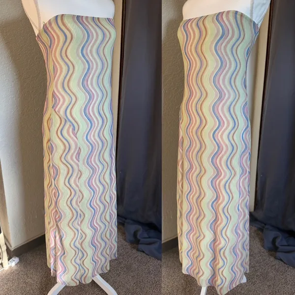 Zara Strapless Mesh Maxi‎ Dress Large Wavy Print Pastel Festival Boho NWT - Image 6