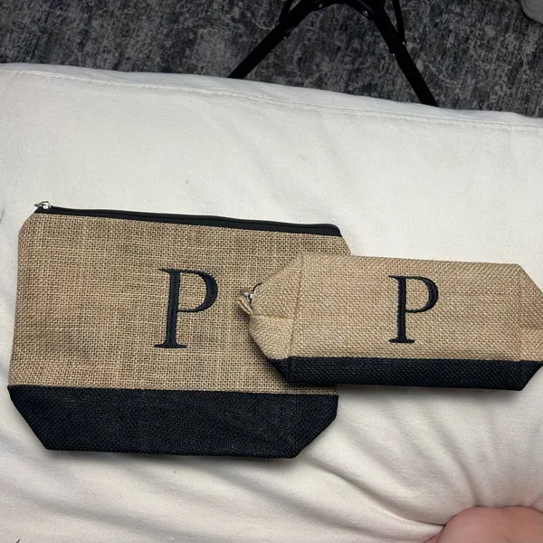 “Monogrammed Burlap/Jute Cosmetic Makeup Travel Zipper Pouch Set Brown Black” - Image 4