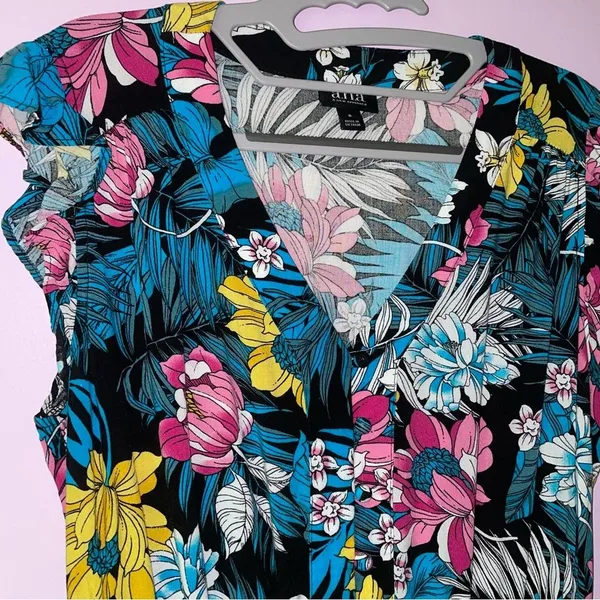 Ana Size 8 Midi Dress Black w Colorful Tropical Floral Print Ruffle Casual - Image 2