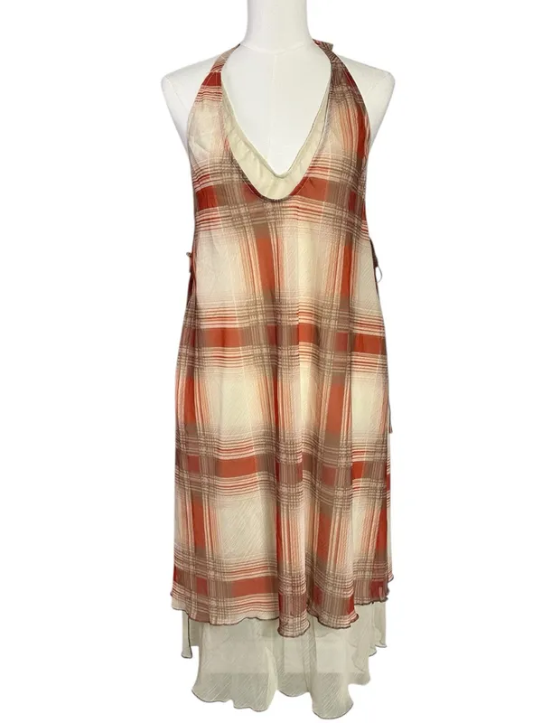 Free People Retro 90s Grunge Seeing Double Plaid Layered Midi Slip Dress Medium - Image 5