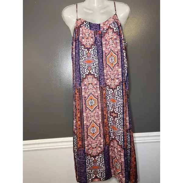 Lucky Brand Dress Womens Medium Multicolor Geometric Trapeze Midi Sundress - Image 2