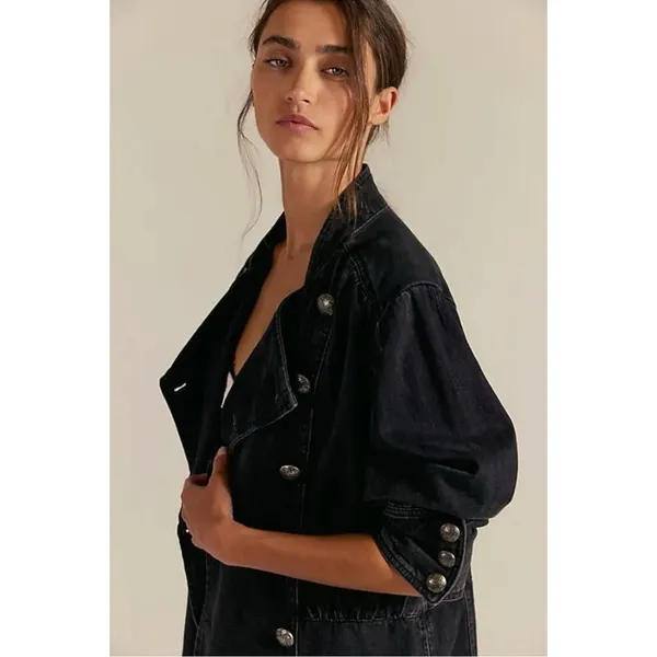 Free People Imogene Denim Officer Jacket in Odyssey Black Military Denim Medium - Image 2