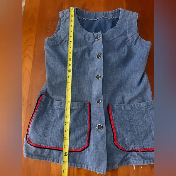 Vintage 70s blue button up vest red trim front pockets Handmade Small - Image 5
