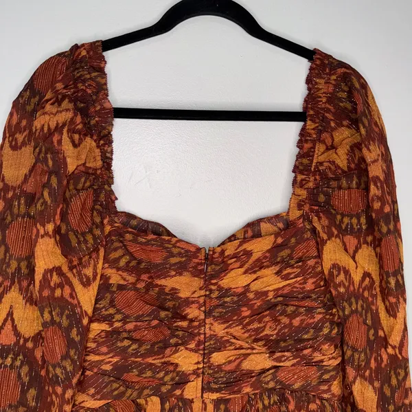Ulla‎ Johnson Mini Dress Women 10 Orange Excellent Ikat Metallic Ruffle Ruched - Image 8