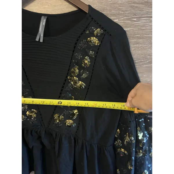 Anthropologie Black & Gold Sequined Peplum Peasant Top Balloon Sleeves M Party - Image 3