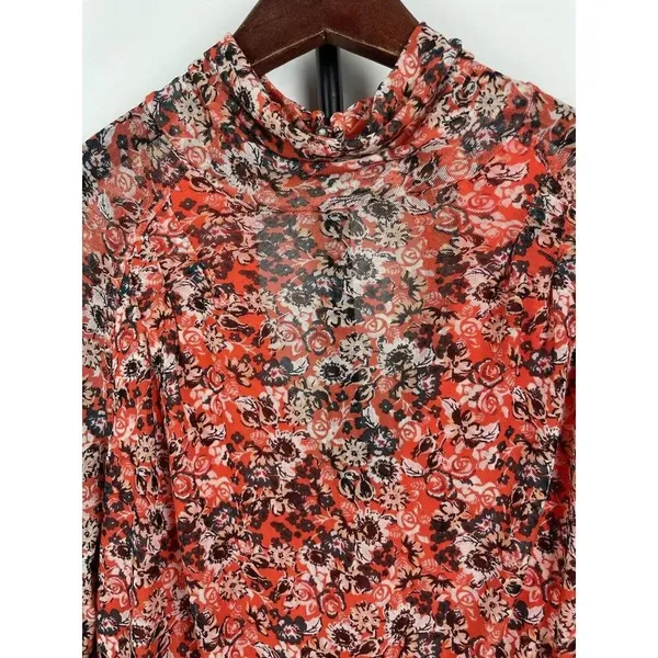 Free People All Dolled Up Mesh Floral Mock Neck Top Blouse Size XS‎ Open Back - Image 4