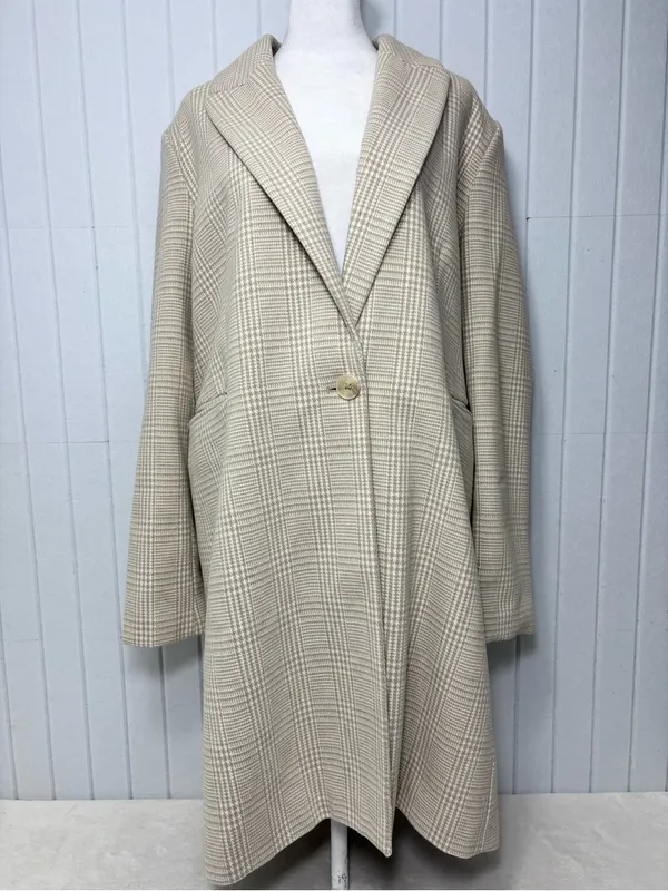 Primark Cream Plaid Long‎ Blazer Jacket Size 12 - Image 3