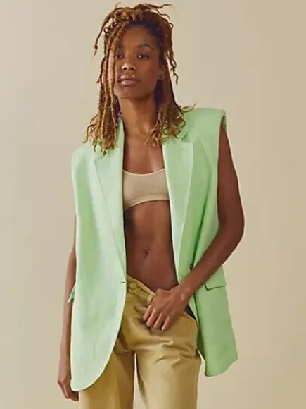 NWT Free People Linen Cotton Oversized Vest Shoulder Pad Long Length Lime Neon - Image 9