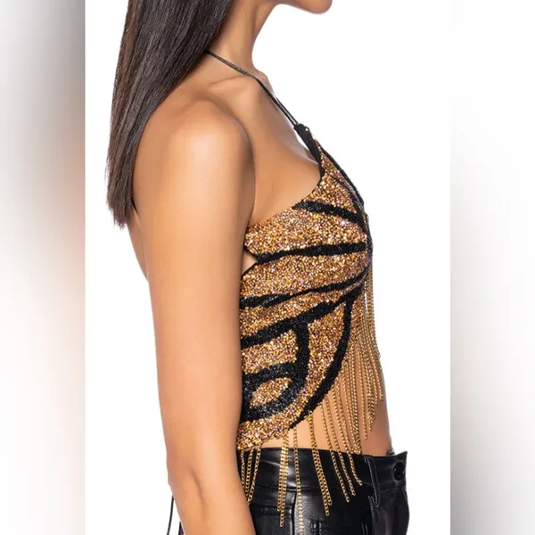 AKIRA Chain Detail Gold and Black Butterfly Beaded Strappy Top Size M / L - Image 2
