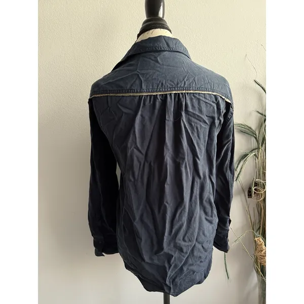 Free‎ People Off Campus Button Down Shirt Navy Metallic Size Small - Image 2