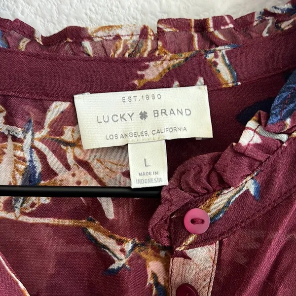 Lucky Brand Ruffled Floral Print Button Up Shirt Chiffon Semi Sheer Large - Image 3