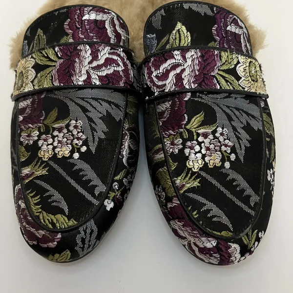 Steve‎ Madden Kaden Mules Women 7.5 Black Floral Brocade Faux Fur Lined KADE01S1 - Image 8