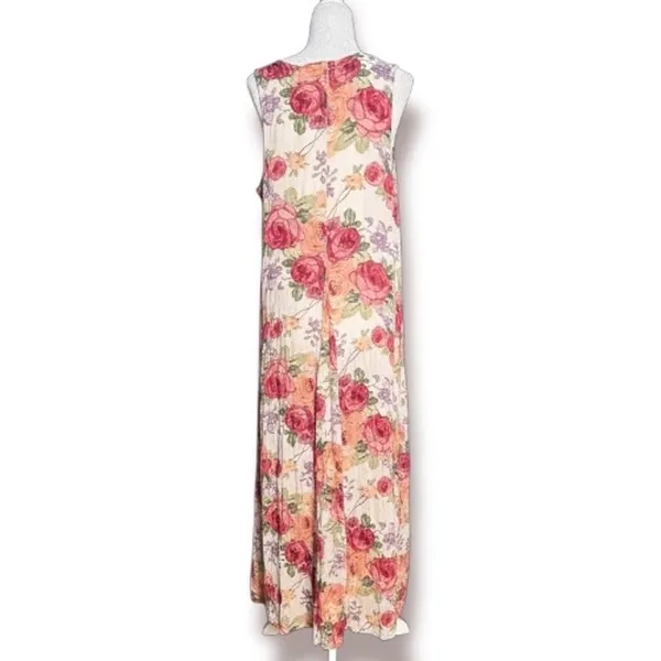 Vintage 90s Baby Pink Floral Crinkle Maxi Dress‎ Romantic Sleeveless Rayon Small - Image 4