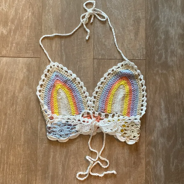 Crochet knit pastel rainbow crop top S NEW - Image 3