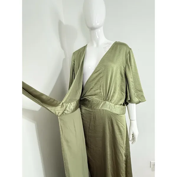 Six Stories Sage Green Satin Wrap Maxi Dress Women UK 22 Flutter Sleeve NWT $199 - Image 8