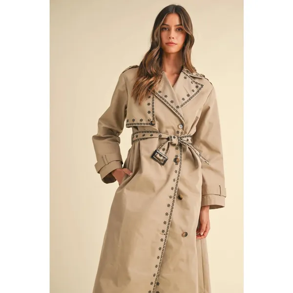 NEW Mable Embroidered Trench Coat Sz Medium Taupe and Black Neutral - Image 14