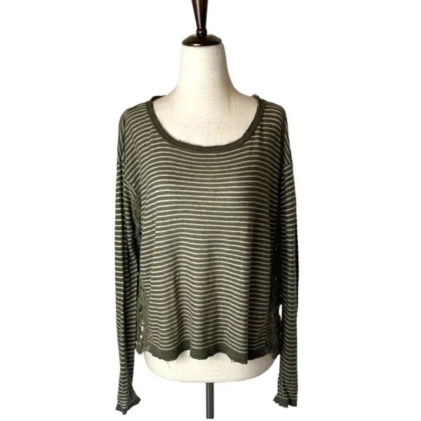 Free People Olive Green Stripe Crochet Sides Linen Blend Long Sleeve Top Size XS - Image 3