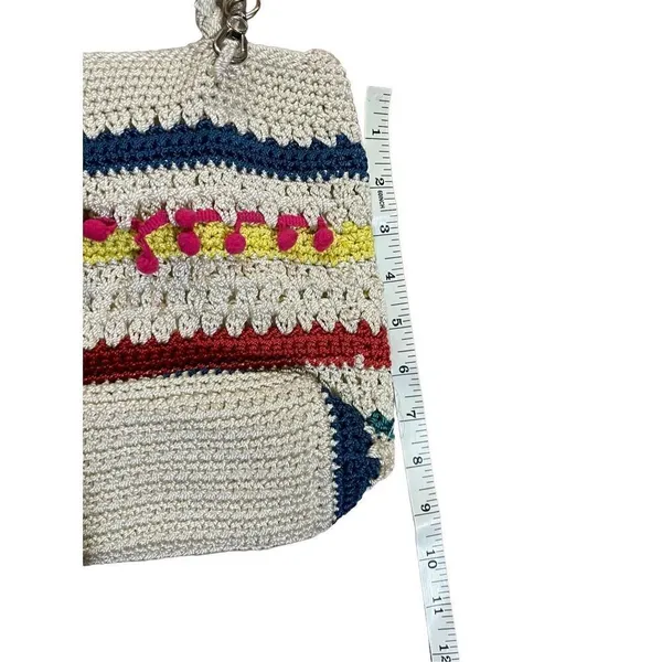 The Sak Crocheted Shoulder Bag‎ Medium Handbag Stripes with pink pom pom row - Image 6