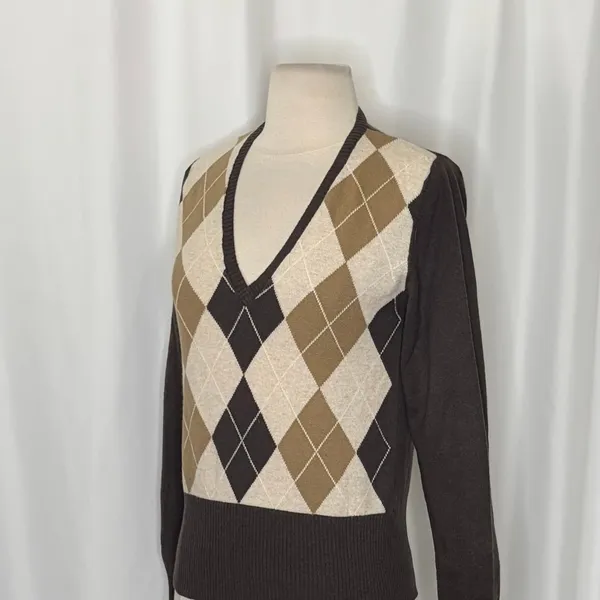 UNITED COLORS OF BENETTON Argyle Wool Blend V-Neck Sweater Preppy Size Small - Image 6