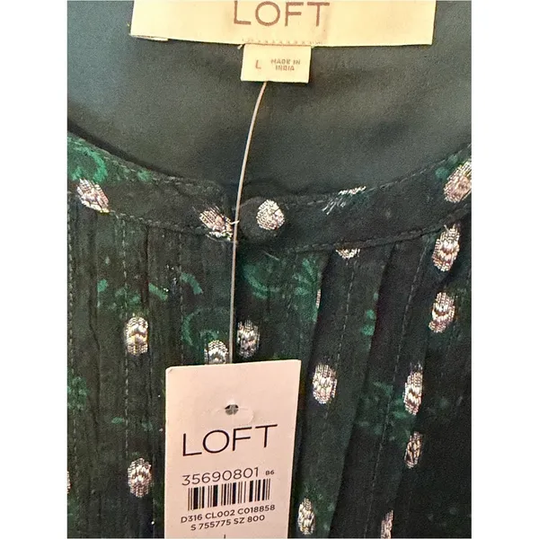 LOFT Metallic Green Pintuck Dress Size Large NWT - Image 3