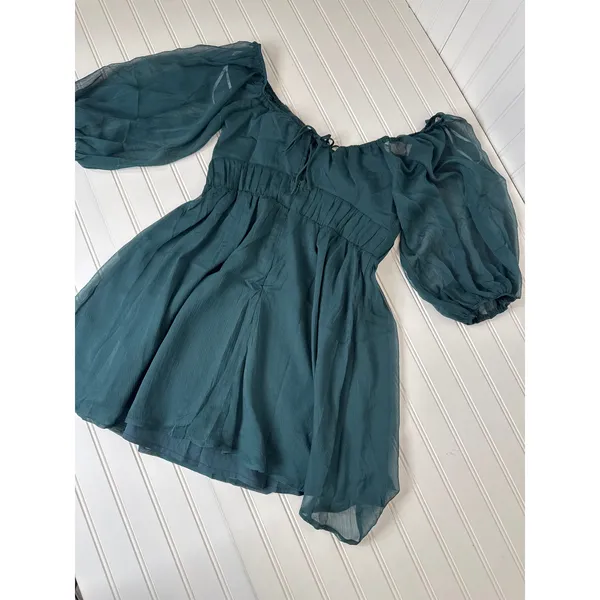 NWT Lulus Vivacious Arrival Emerald Chiffon Balloon Sleeve Mini Dress Size L - Image 5