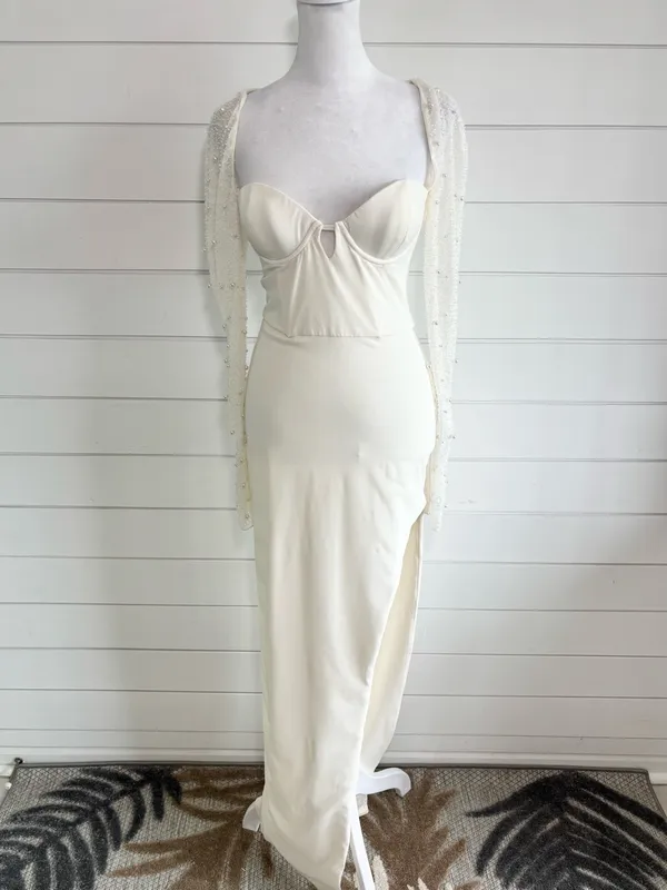 Oh Polly Ivory Pearl Beaded Sleeve Maxi Dress High Slit Formal Gown Size 4 - Image 2