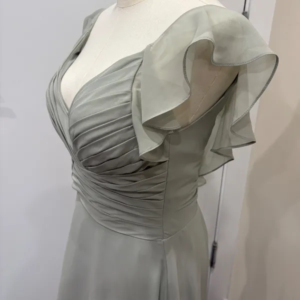 JJ's House‎ Soft Sage Green Chiffon Pleated V-Neck Flutter Sleeve Gown Bridal XS - Image 5