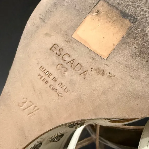ESCADA Ivory White Leather Crystal Studded T-Strap Wedge Sandals Size 37 1/2 - Image 13