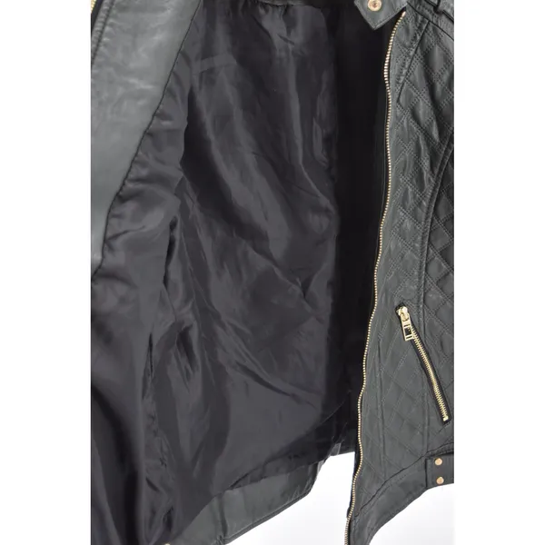 Coffee shop Womens Black Quilted Moto Jacket Studded Shoulder Zip‎ Up - Image 10