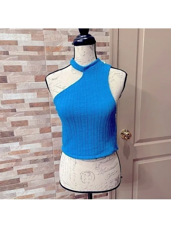 Nwt ZARA - ribbed asymmetrical cut out electric blue crop top Sz Large - Image 4