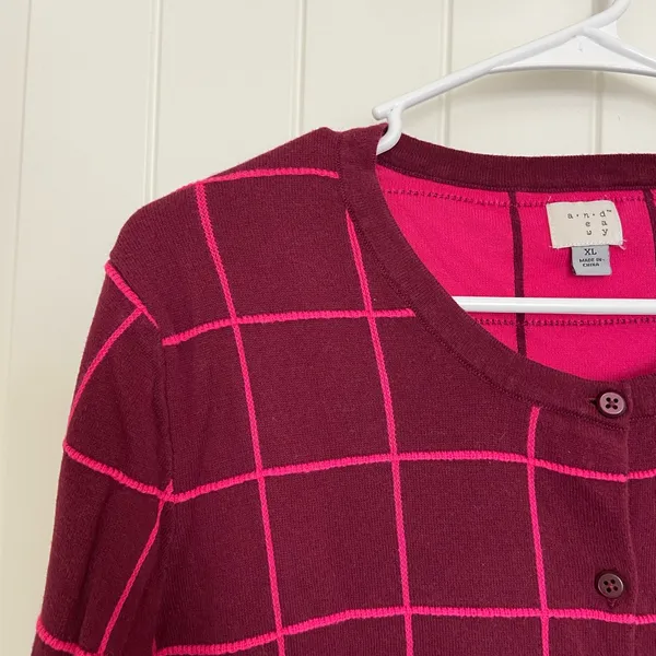 EUC | A New Day women’s maroon pink checkered‎ plaid button cardigan sweater XL - Image 2