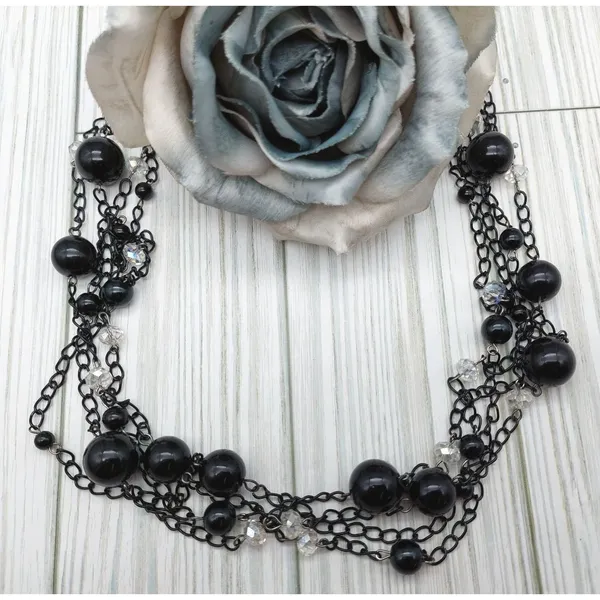 Ethel & Myrtle Black Chain Beaded Multi Strand Necklace 27" Whimsigoth Witchy - Image 2