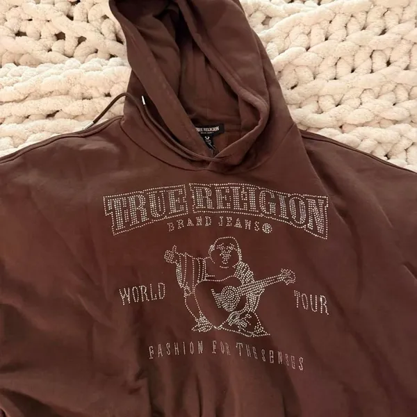 True Religion Crystal Cropped Pullover Hoodie Chicory Coffee XL - Image 4