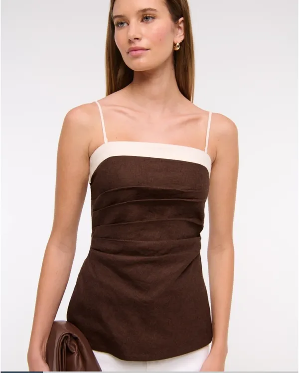 Abercrombie and Fitch AnF Dark Brown White Beige Linen Blend Tube Top Blouse - Image 8
