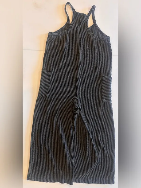 7th RAY Striped Ribbed Tank‎ Jumpsuit in Black & Grey Cropped with Pockets - Image 4