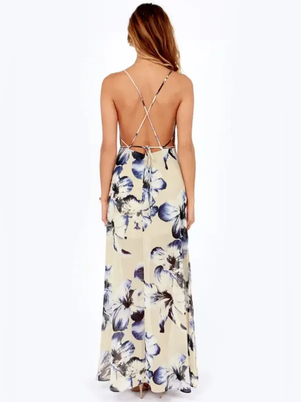 LUSH Long Ivory & Blue Floral Maxi Dress Sz S - Image 6