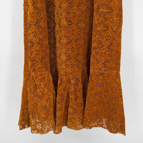 Anthropologie Maeve Amis Dress 4 Burnt Orange Floral Lace Ruffle Hem Lined - Image 6