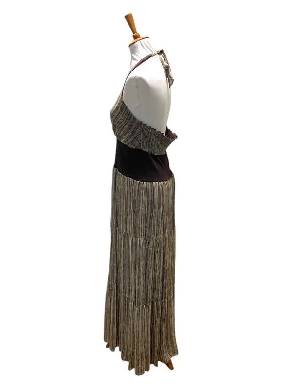 Jonathan Martin Y2K Silk Halter Striped Maxi Dress Beige Size 16 Coastal Beach - Image 11