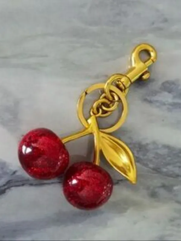 Gold Cherry Bag Charm Red Glitter Keychain Y2K Purse Accessory NWT - Image 3