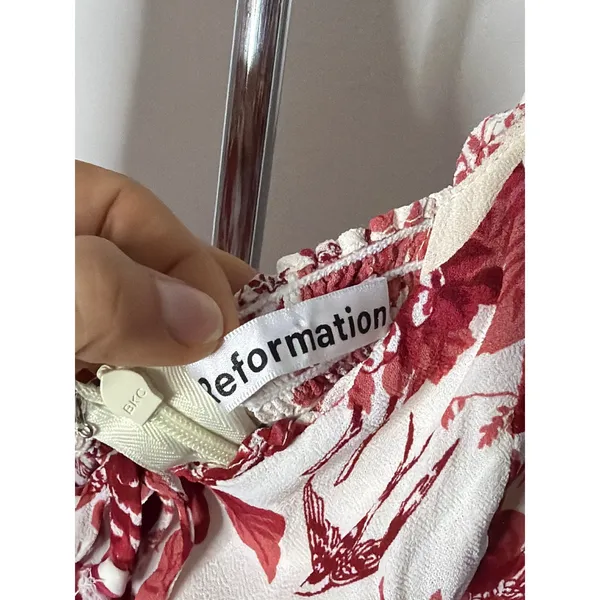 Reformation Red White Floral Toile Mini Dress Sweetheart Smocked Back Size 8 - Image 2