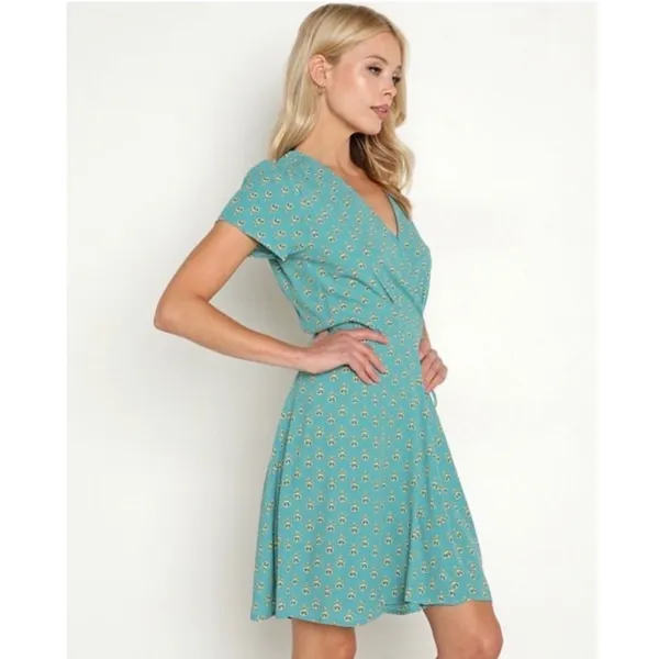 Rollas Cleo Emmy Lou Wrap Dress Teal Floral Print Mini V-Neck Short‎ Sleeve XS 6 - Image 2