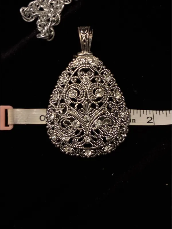 Gothic Victorian Revival Open Lace Teardrop Necklace Rhinestone Boho Pendant 18" - Image 4