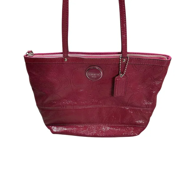 Coach Signature C Patent Leather Tote Bag Raspberry F15142 - Image 3