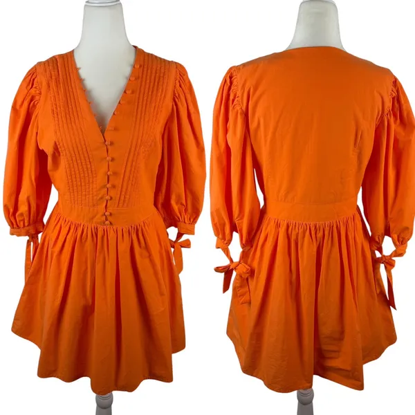 Showpo Zandra Mini Dress Size 8 Orange Puff Sleeve Cotton Poplin Vibrant Bright - Image 2