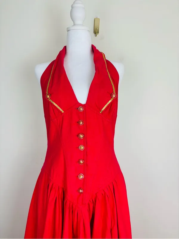 Vintage 90s Karen Alexander red w gold braid and buttons halter dress full skirt - Image 5