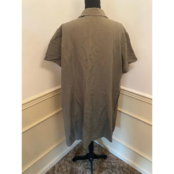 Avenue Linen Blend V-Neck Shift Tunic Dress Short Sleeve Olive Khaki Lagenlook - Image 4