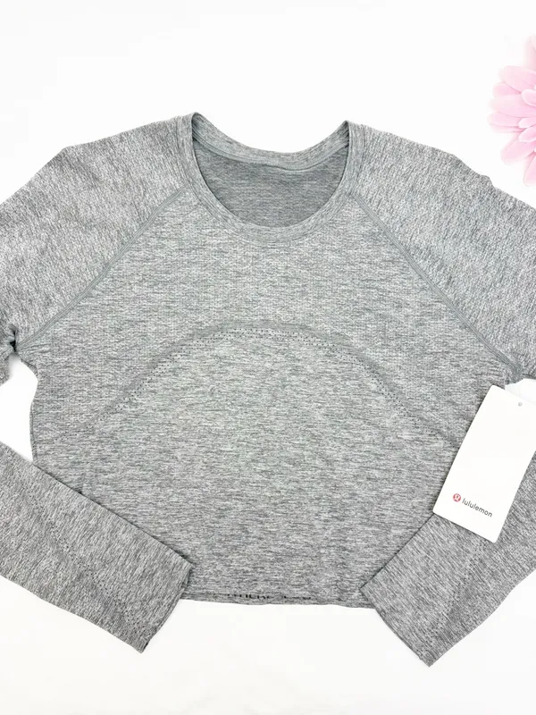 Lululemon Swiftly Tech Cropped Long-Sleeve Shirt 2.0 Slate Grey/White Top - Image 2