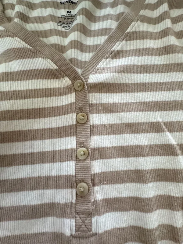 Sonoma Goods For Life Slim Fit Elbow Sleeve Ribbed Henley Top in Tan Stripe - Image 3